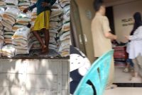 Foto kiri: Diduga salah satu keluarga anggota BPD sekaligus kerabat oknum saat menerima beras bantuan