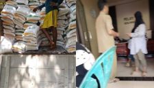 Foto kiri: Diduga salah satu keluarga anggota BPD sekaligus kerabat oknum saat menerima beras bantuan