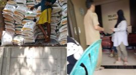 Foto kiri: Diduga salah satu keluarga anggota BPD sekaligus kerabat oknum saat menerima beras bantuan