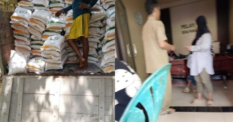 Foto kiri: Diduga salah satu keluarga anggota BPD sekaligus kerabat oknum saat menerima beras bantuan